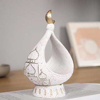 Decorative White Ceramic Moon Tealight Holder with Gold Accent, 8.66 x 5.51 inches