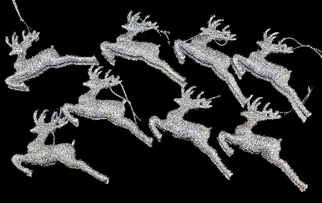 DP Set Of 8 Silver Glitter Reindeer Christmas Tree Hanging Ornament Decorations