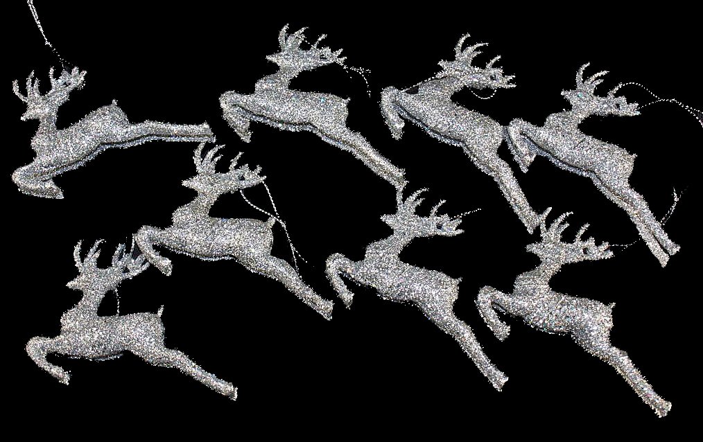 Set Of 8 Silver Glitter Reindeer Christmas Tree Hanging Ornament Decorations