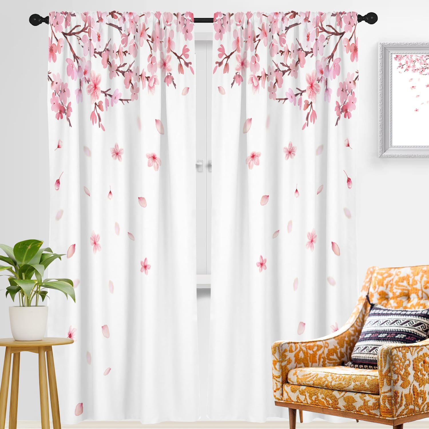 zokyer Pink Floral Window Curtain Long White Flowers Cherry Blossom Art Girls Botanical Plant Rustic Country Farmhouse 42" W x 84" L for Bedroom Living Room 2 Panels Rod Pocket Drapes