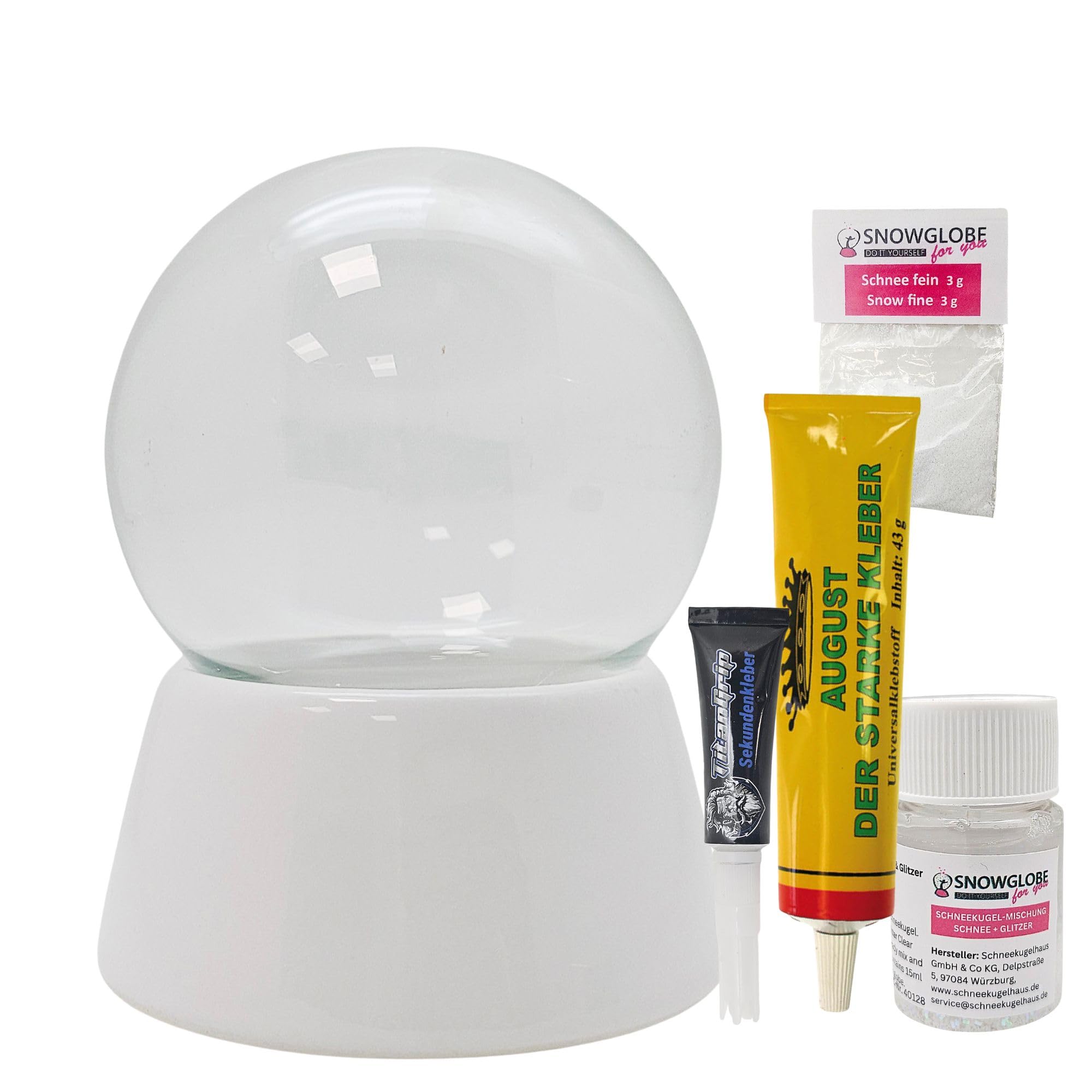 DIY-Komplettset m. 1 x Schnee, Glitzer, Wasserklar & Kleber | Bastelset mit Glaskugel und Porzellansockel | Schüttelkugel individuell selbermachen | Breite: 150mm, Höhe:200mm | 40143