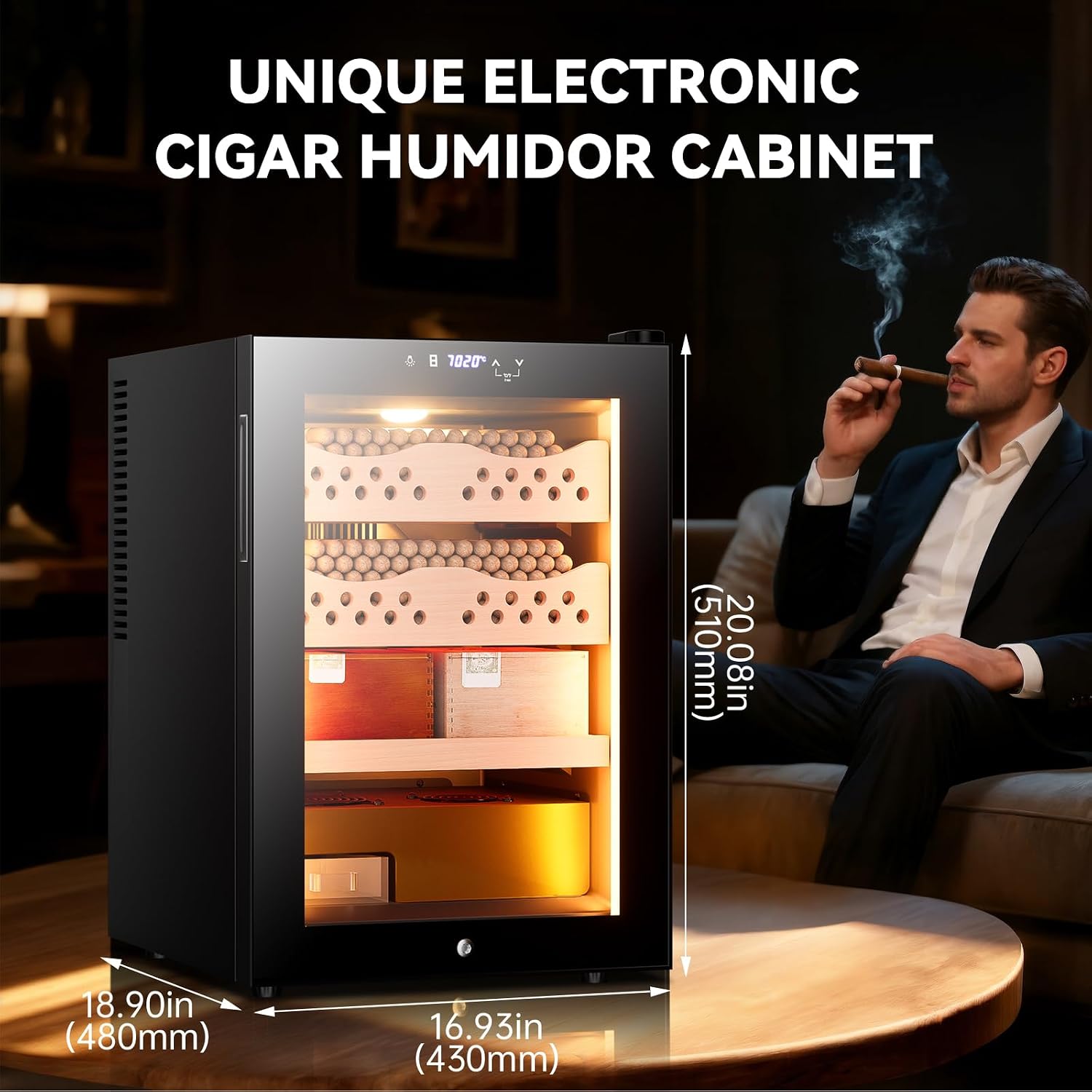 50L Electric Cigar Humidor, Temperature & Humidity Controlable, Cooling & Heating Humidor Cigar Cabinet Electric with Cedar Wood Shelves & Water Tank,High-end Gift for Men(3 Layers 300 Capacity)