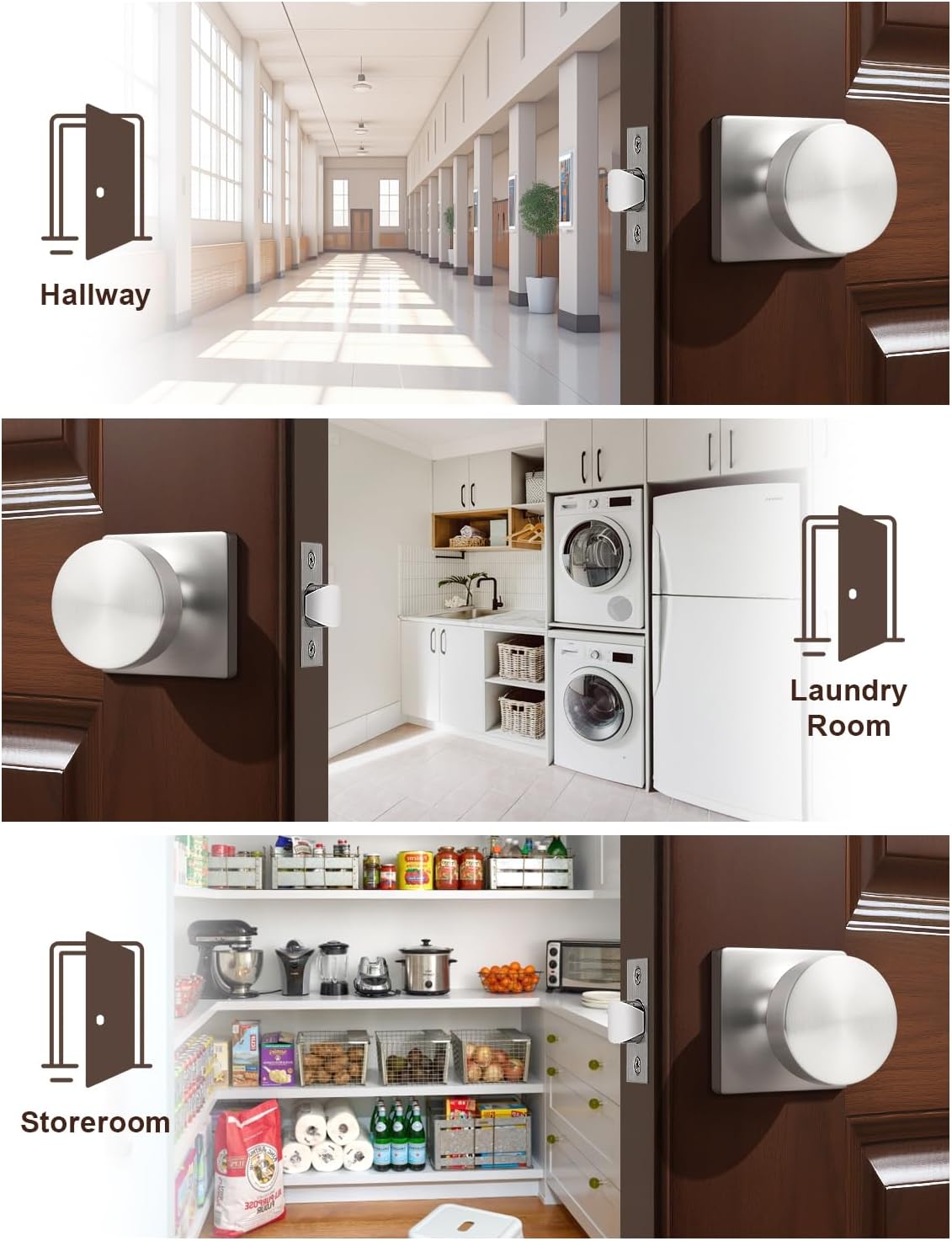 4 Pack Brushed Nickel Interior Passage Door Knob, Handle for Closet and Hallway Doors, Heavy Duty Square Non-Locking Door Knob, Keyless Door Knobs on Square Rose