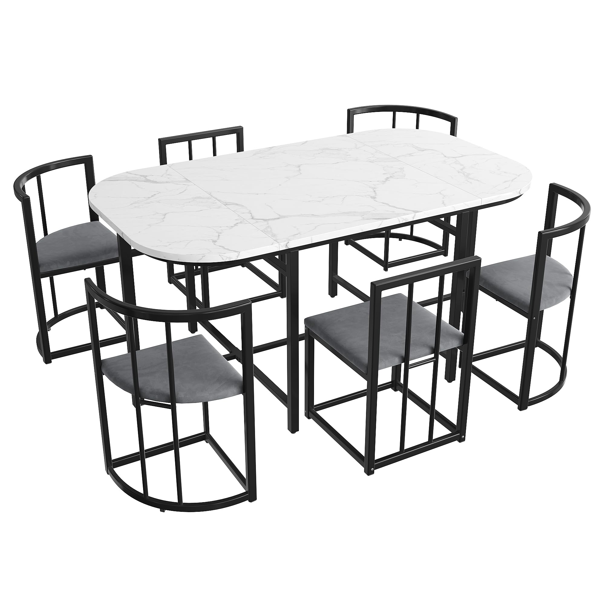 Set da pranzo, tavolo bianco, sedie con 6 schienali e imbottiture grigie, struttura in ferro, tavolo da pranzo e sedia, moderna combinazione di tavolo da pranzo (nero)
