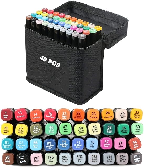 40 Colours Graphic Marker Pen,Artist Necessary Permanent Art Markers Twin Marker Pen Animation Design for Drawing Coloring Highlighting and Underlining, black