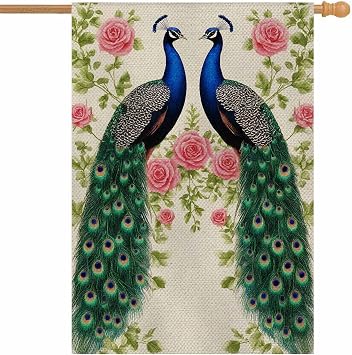 AOYEGO Peacock Roses House Flags 28 x 40 Double Sided Burlap Abstract Beautiful Floral Pattern Yard Flags Spring Summer Farmhouse Seasonal Outdoor Flag