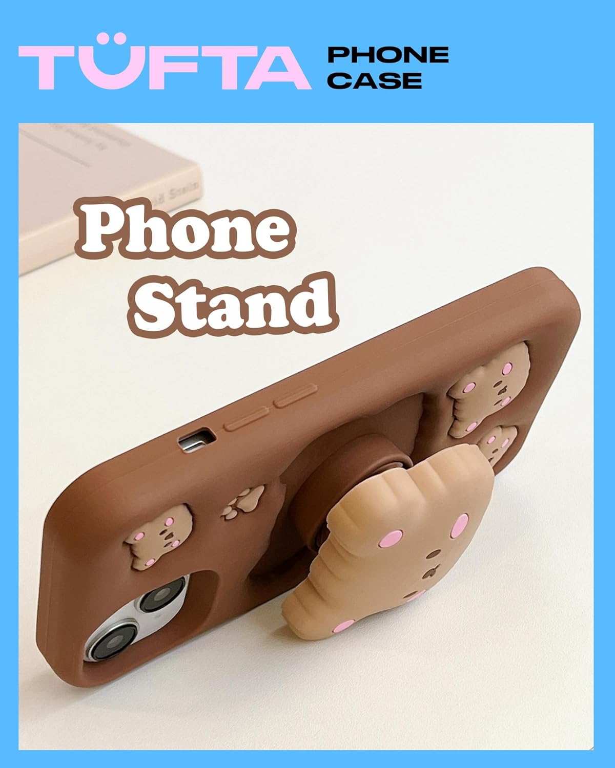 Kawaii 3D Teddy Bear Pop-Up Stand and Grip Phone Case for iPhone 17, Cute Girly Cartoon Soft Silicone Phone Cover for Girls, Kids, Teens, and Women, Brown - Image 3