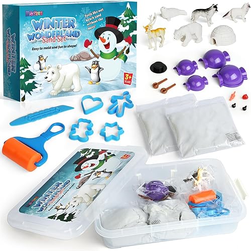 Miniatura 2 de Winter Wonderland Snow Sand Playset, cubo sensorial de juguete creativo con figuras de animales árticos, 2 libras de moldes de arena y muñeco de