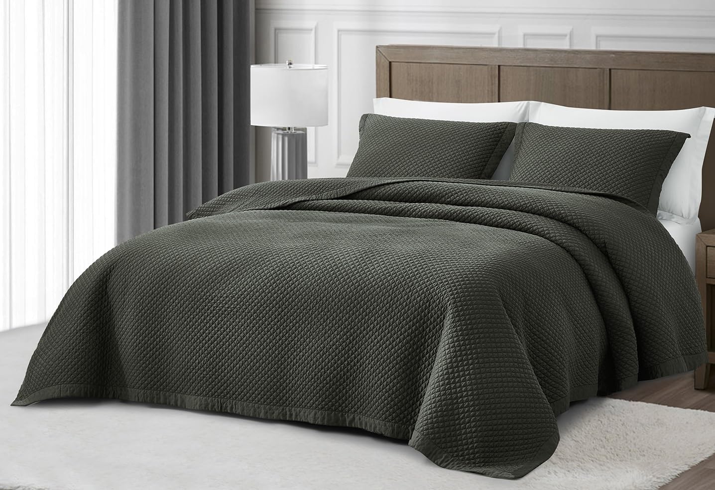 Sterling Creek 100% Tencel Lyocell Quilt Set Queen Size - Slate Gray Diamond Stitch Quilt Silky Smooth Soft Breathable 250GSM Cotton Filling Bedding for All Seasons