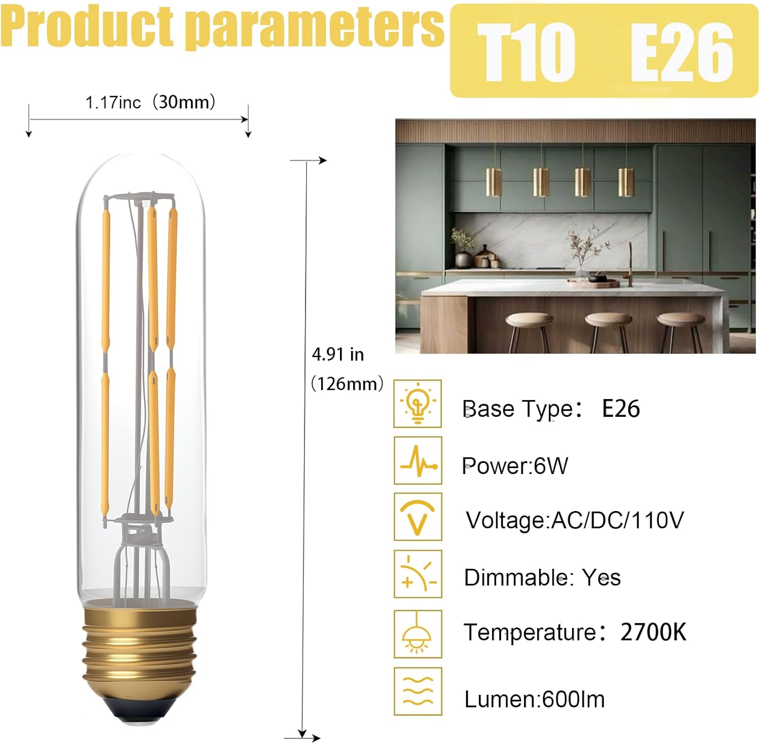 6W LED Edison Bulb T10 Tubular, 2700K Warm White, E26 Base, 4.96 Inch Length, Clear Glass, Decorative Filament Light(6 Packs)