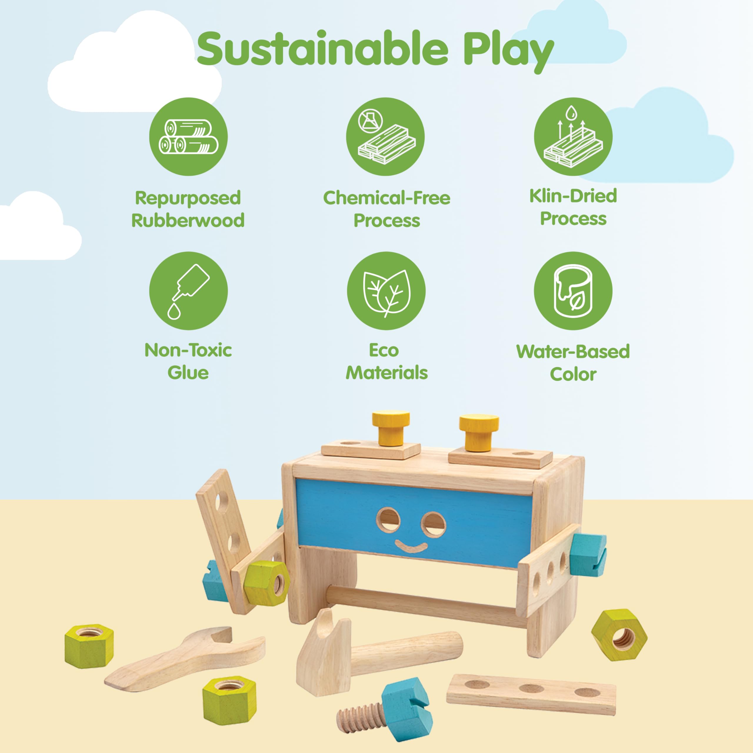 PlanToys Werkzeugkoffer aus Holz mit Schraubenschlüssel, Muttern und Schrauben, Holzbrettern und Formen, nachhaltig aus Gummibaumholz und ungiftigen Farben und Farbstoffen