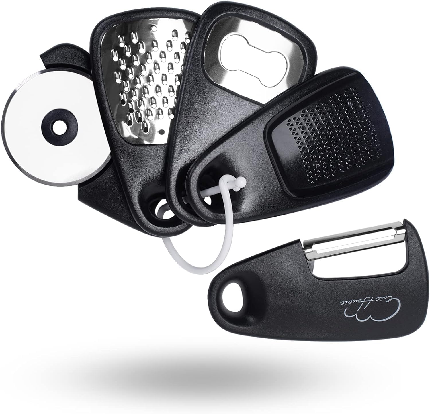 โ Kitchen Gadgets Set 5 Pieces, Space Saving Cooking Tools Kitchen Accessories - Fruit/Vegetable Peeler, Cheese/Chocolate Grater, Bottle Opener, Pizza Cutter, Garlic/Ginger Grinder Gift Set (Black)