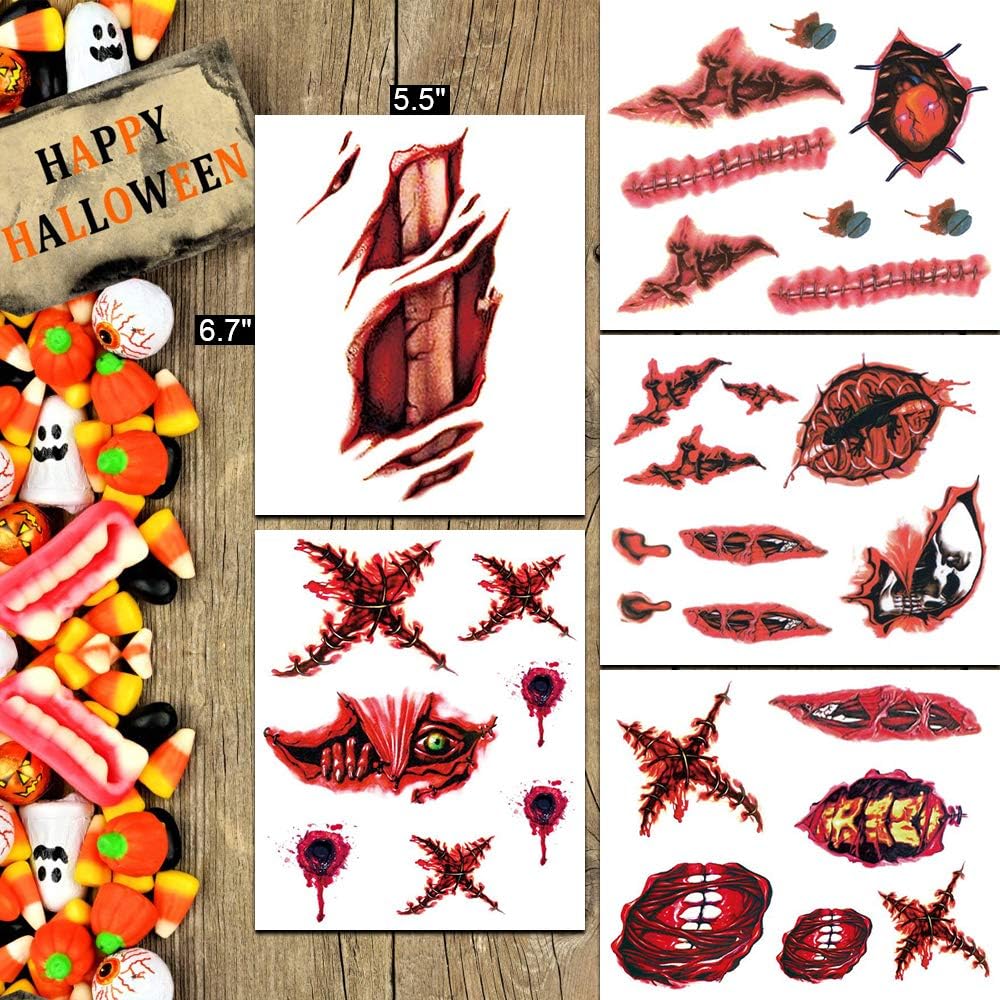 Zombie Makeup, Halloween Zombie Makeup Kit, Scar Tattoos, 5(Large)+6(Small) Pack Fake Scars Tattoos, Halloween Makeup Kit, Zombie Makeup Kit for Kids and Adults, Healthy, Waterproof, Long Last