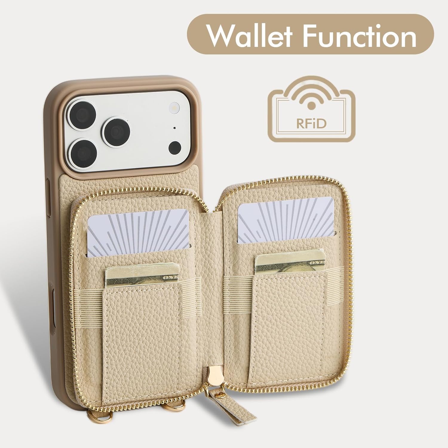 ZVE for iPhone 17 Pro Case Wallet Compatible with Magsafe,RFID Blocking Crossbody Chain Strap Phone Cover for Women 6.3" Beige - Image 2