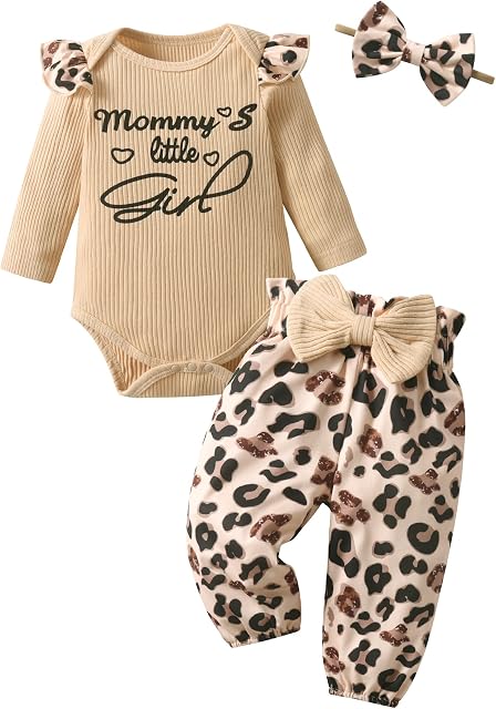3-piece baby girl's ruffled long-sleeved coverall with letters, trousers and headband