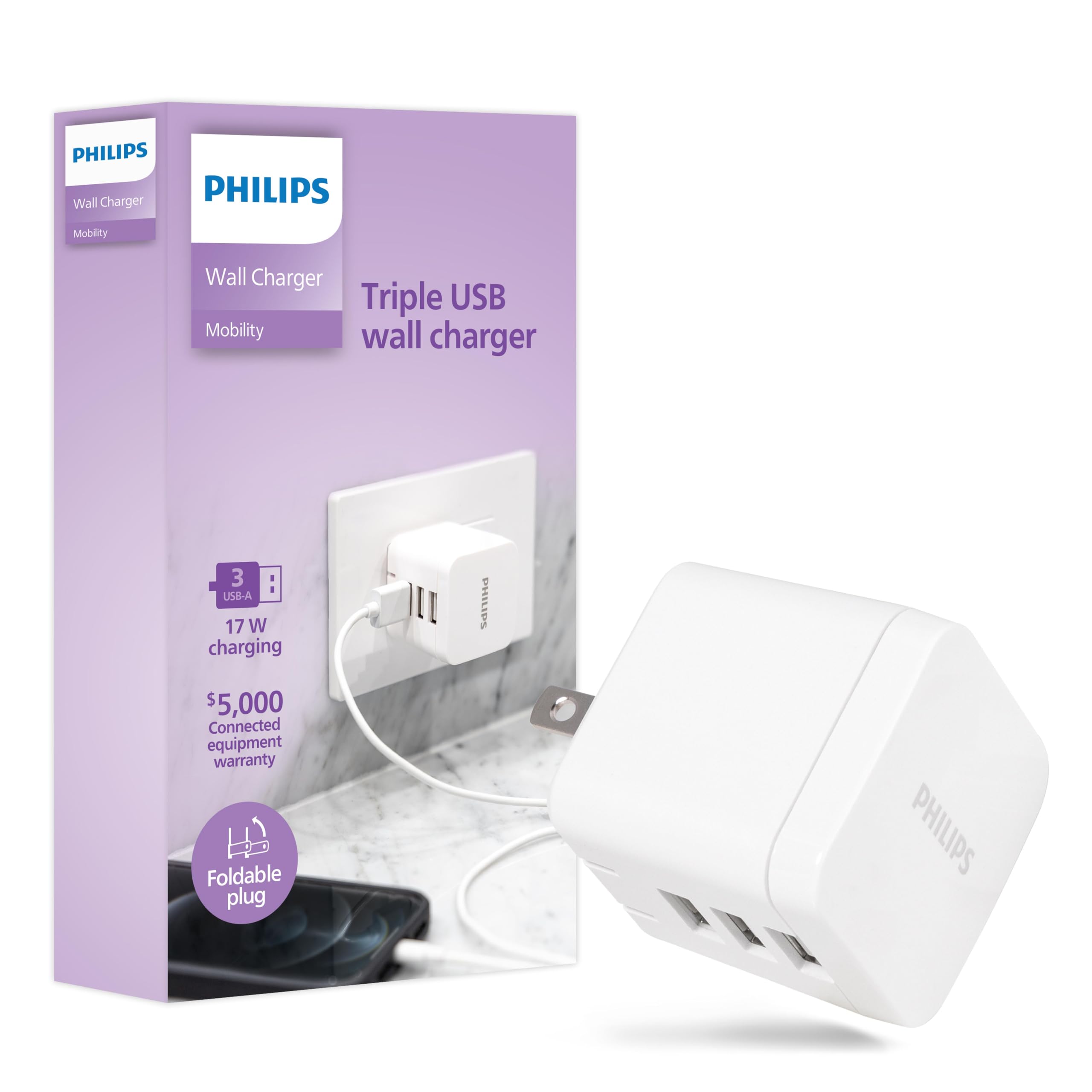 Amazon.com: Philips iPhone USB Wall Charger Block, 17W 3-Port USB