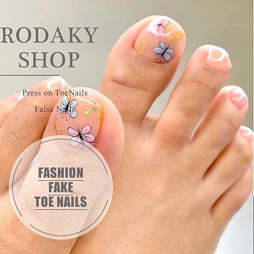 Miniatura 5 de RODAKY 24 puntas francesas a presión, uñas cortas y cuadradas, cobertura completa, pegamento en los dedos del pie, uñas acrílicas para mujeres y