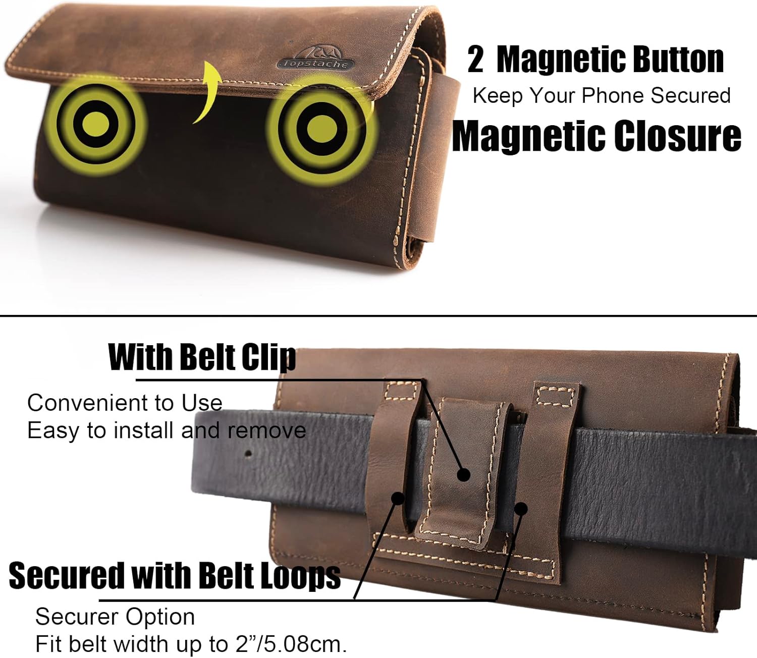 Topstache Belt Clip Leather Phone Holster,Two Pockets Cell Phone Pouch, Leather Card Holder,Wallet for Cash and Phone, Phone Pouch for iPhone 14 Pro,iPhone 14,S22 with Magnetic Closure,L,Darkbrown