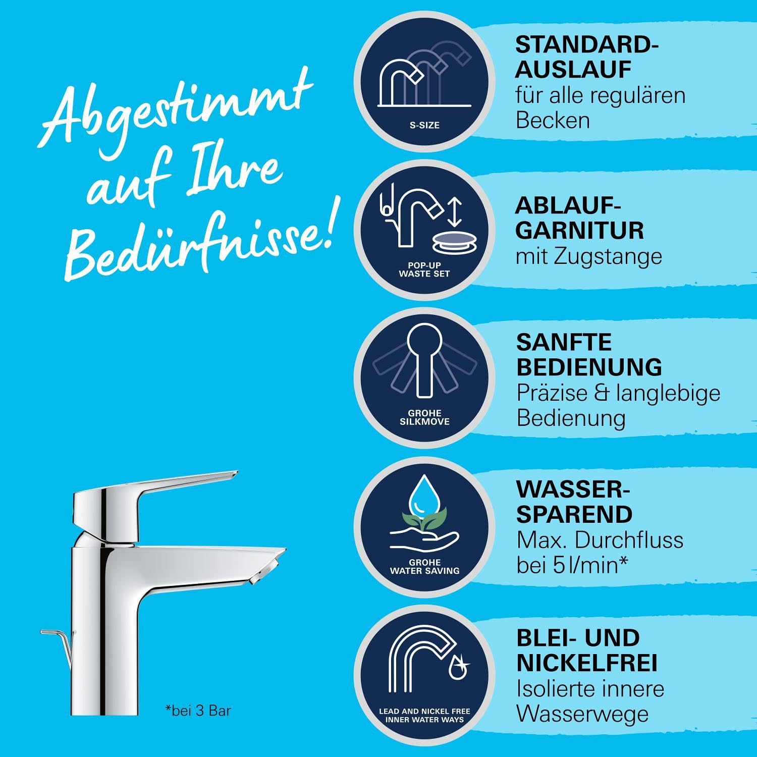 GROHE Start, Waschtischarmatur, wassersparend (Wasserhahn für das Bad, Badarmatur mit Zugstangen-Ablauf, 17cm hoch, mit 3in1 Werkzeug, einfache Installation am Waschbecken), chrom, 24209002