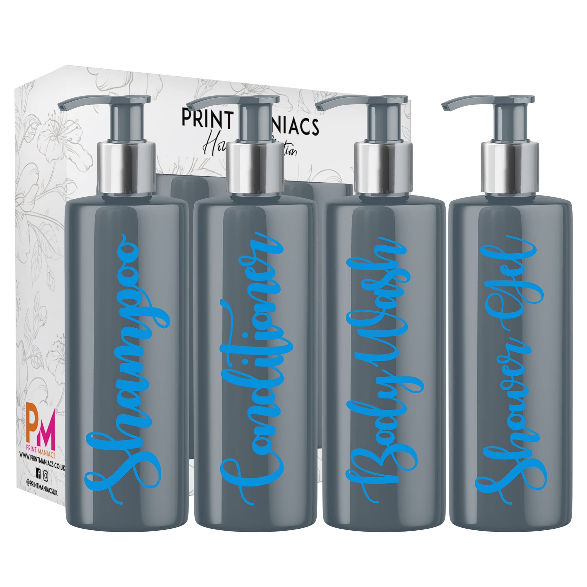 Print Maniacs Grey Mrs Hinch Inspired Personalised 500ml Pump Bottles Bathroom Lotion Kitchen Set Shampoo Conditioner Body Wash (Set 4 Shower Gel)) (Blue)