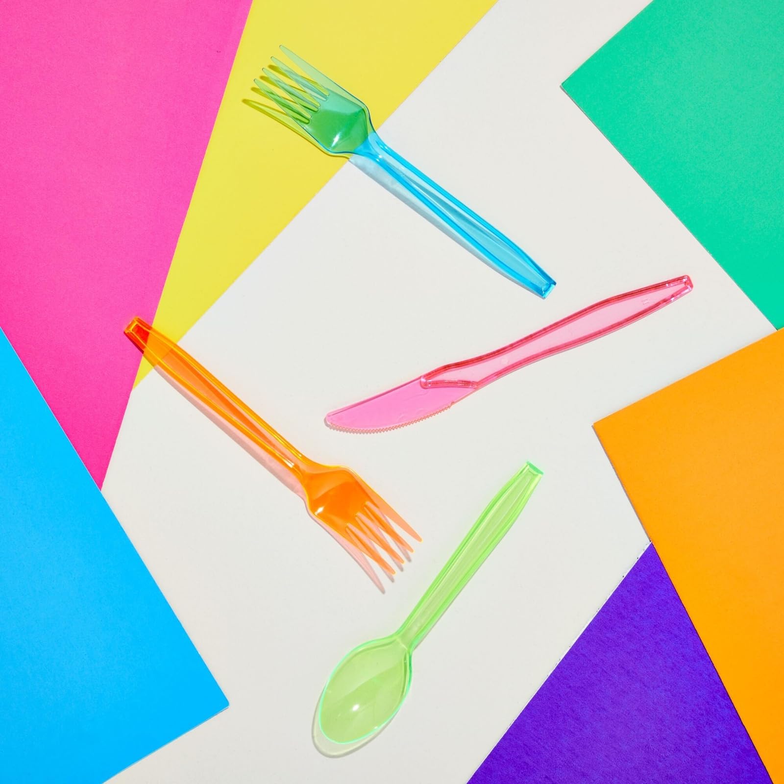 Juvale Rainbow Plastic Silverware Set - 144 Pieces, 6"/6.5"/5.5" Neon Forks, Knives & Spoons - Disposable Tableware & Party Utensils - Colorful Plastic Cutlery for Bachelorette Party Decorations
