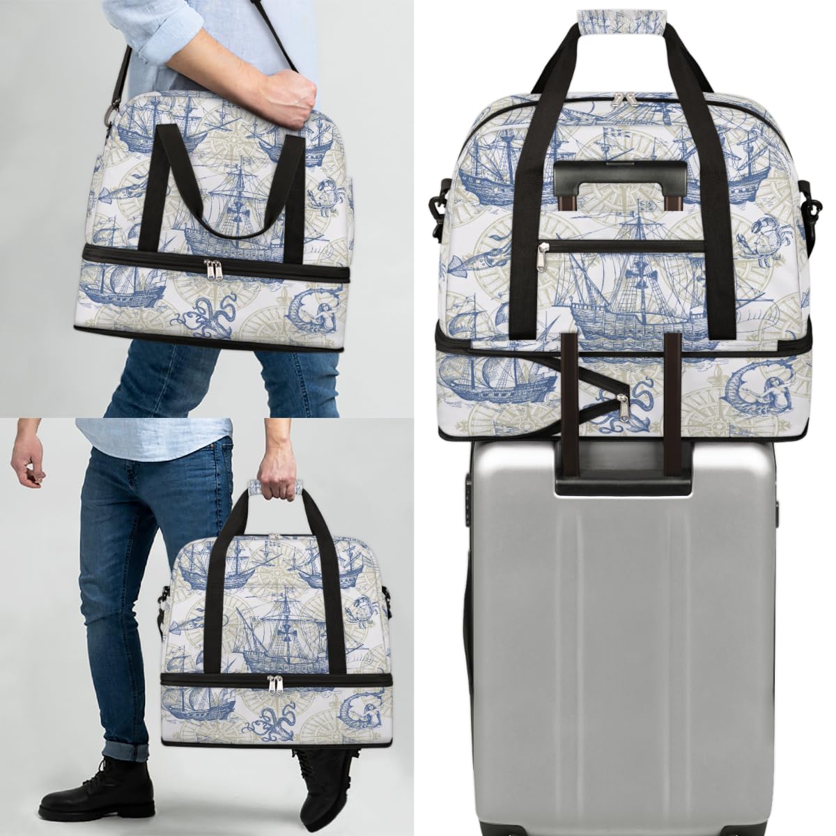 Old Sailboat Monster Maps - Bolsa de viaje plegable de 47 L, bolsa de fin de semana con funda de carrito para hombro, bolsa de hombro separada para deportes, gimnasio, viajes, multicolor, 47L, Bolsa