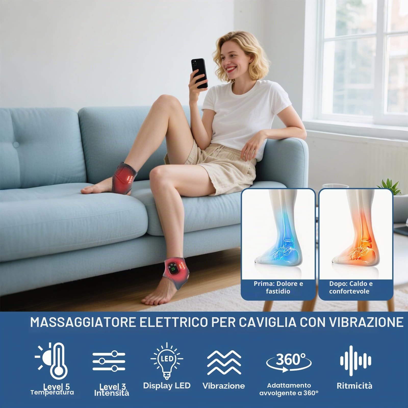 Massaggiatore Per Piedi, 2PC Massaggiatore Elettrico Riscaldato,USB Ricaricabile massaggiatore per Caviglie con 3 Modalità di Vibrazione,5 Velocità di Calore per Massaggio e Sollievo Disagio