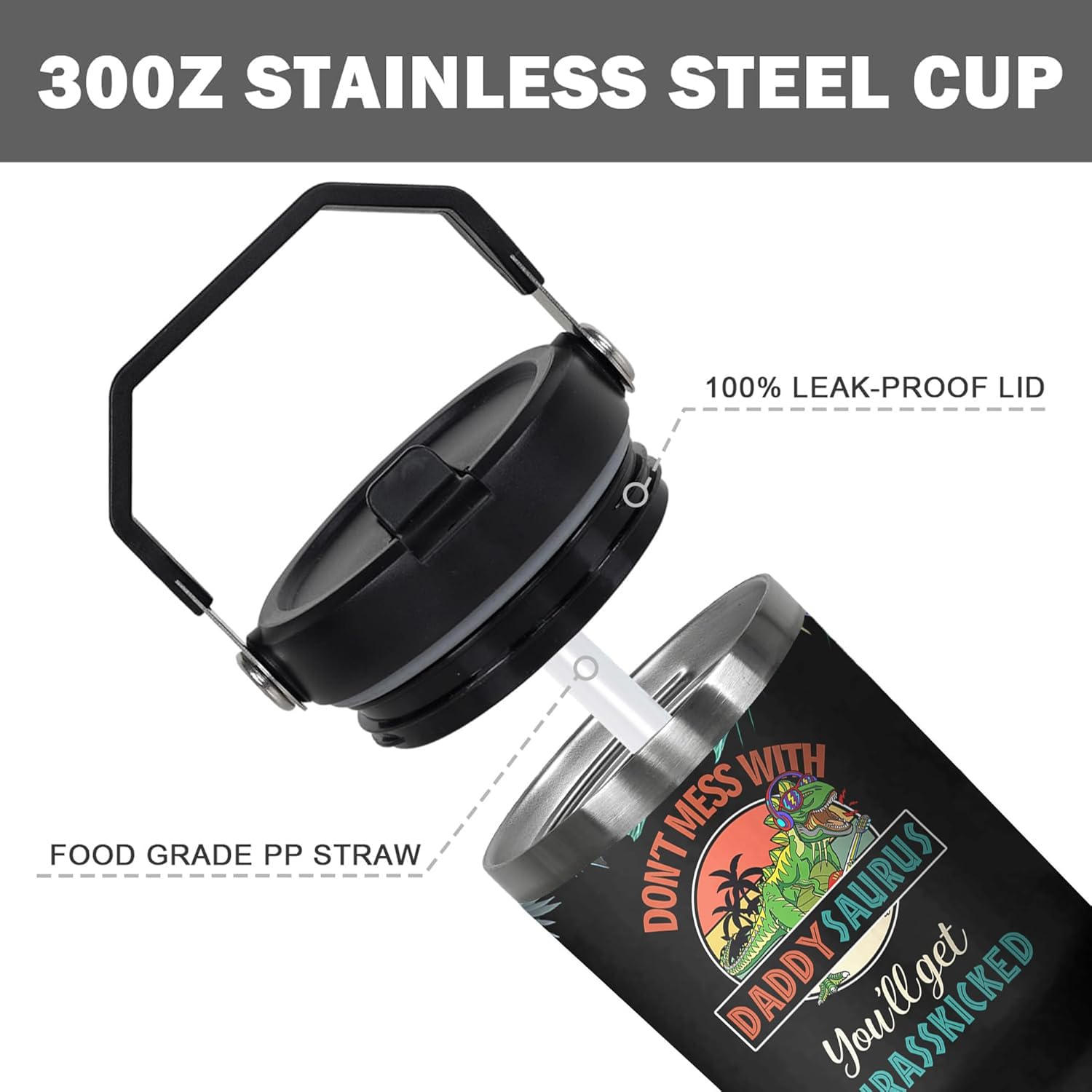 30 Oz Papasaurus Tumbler with Handle and Straw, Daddy Cup Insulated Best Daddy Mug, Double Wall Stainless Steel Dadasaurus Cup, 30 Oz Leak Proof Daddy Mug and Travel Mugs for Dad Gifts - Image 3