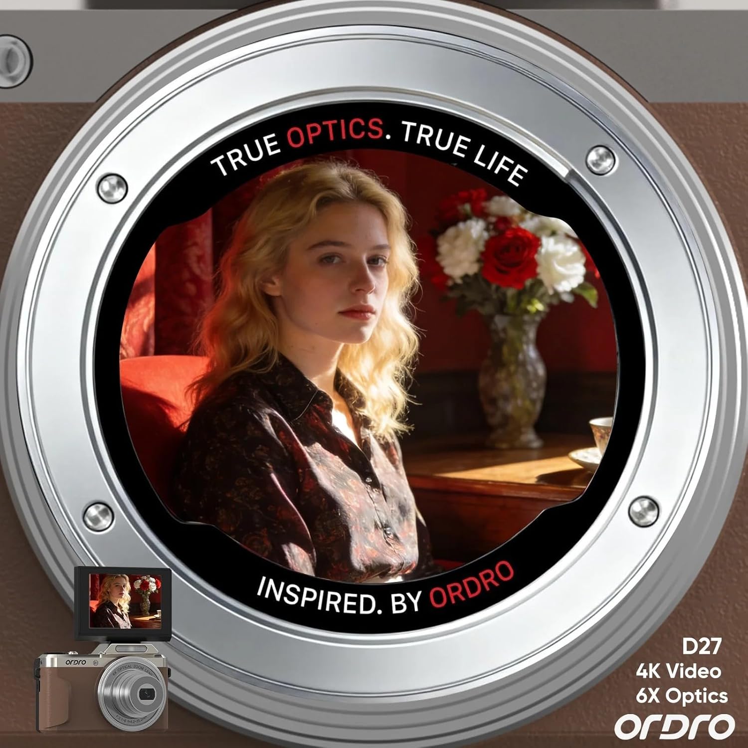 ORDRO Digital Camera, 4K Compact Camera, 6X Optical Zoom, 8MP Sensor, 2.8" 180° Flip Screen, Built-in Flash, WiFi, Suitable for Kids Teens Beginners