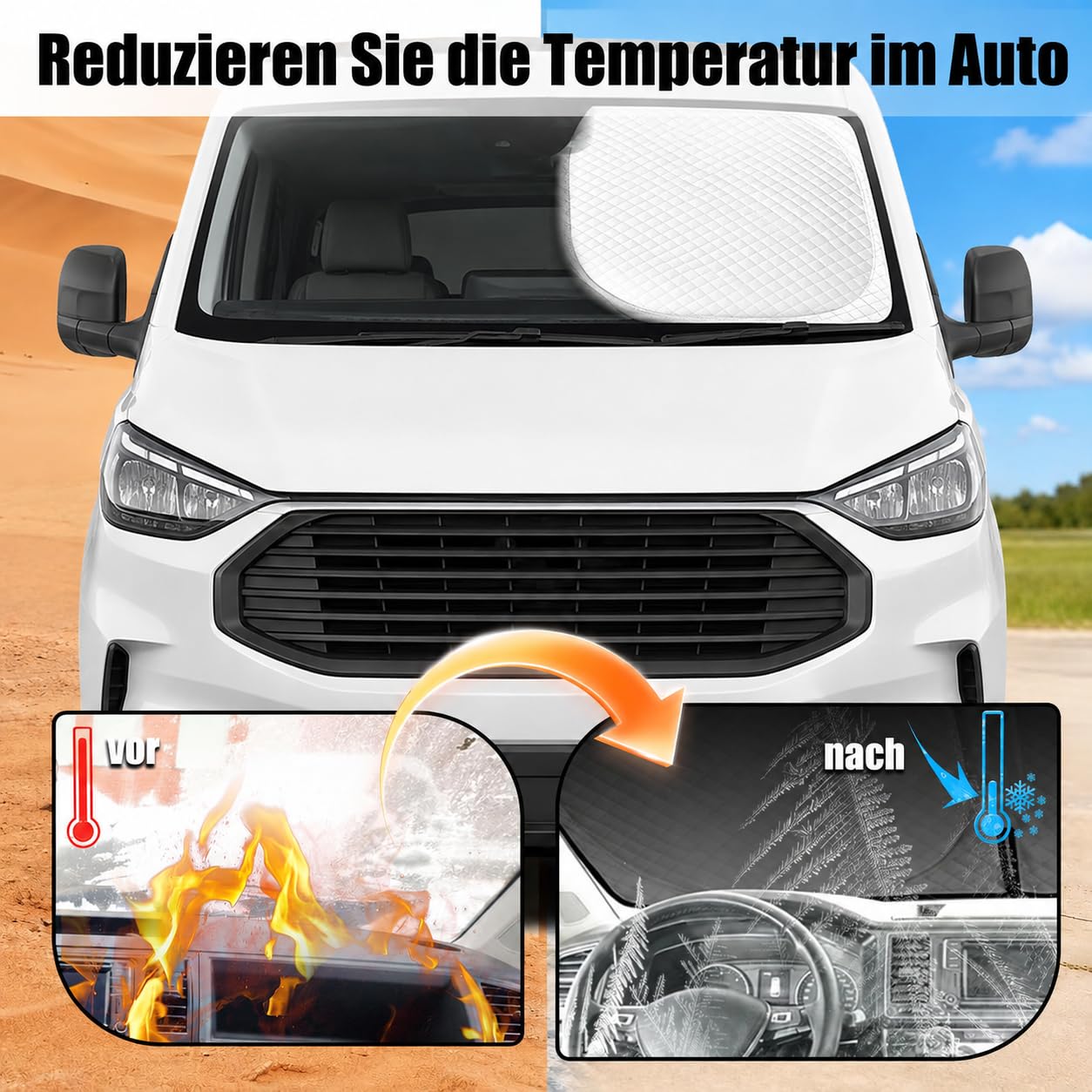 Auto Sonnenschutz für Ford Transit Custom, Elastischem Metall | 3 Stück, Frontscheibe und Seitenfenster, Faltbar Interne Thermomatte Fahrerhaus, UV-Schutz Verdunkelung Privatsphäre
