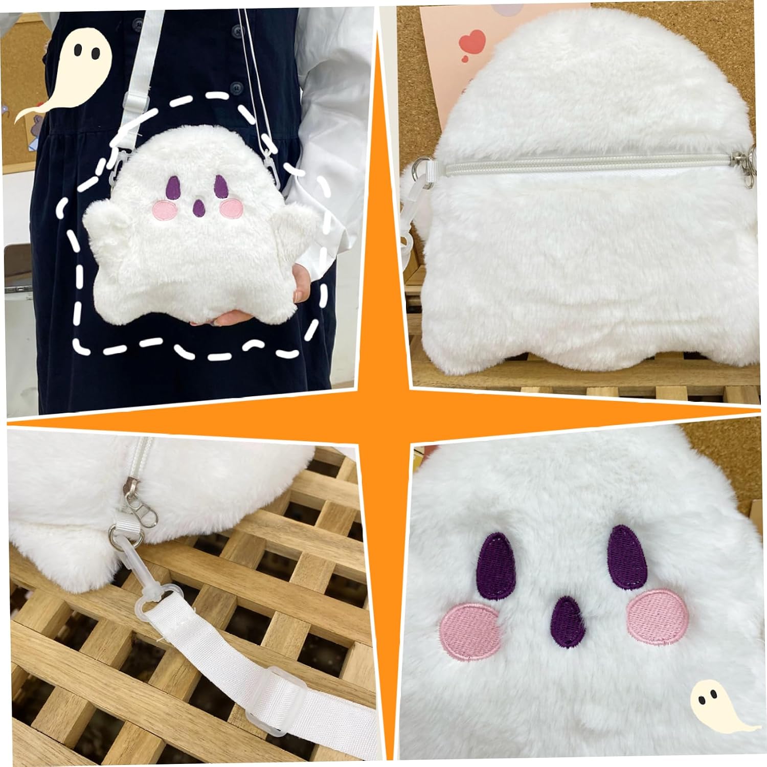 Gcroet Halloween Ghost Purse Funny Cute Ghost Plush Bag Soft Fluffy Bag with Adjustable Strap Zipper Halloween Purse for Women Girls..