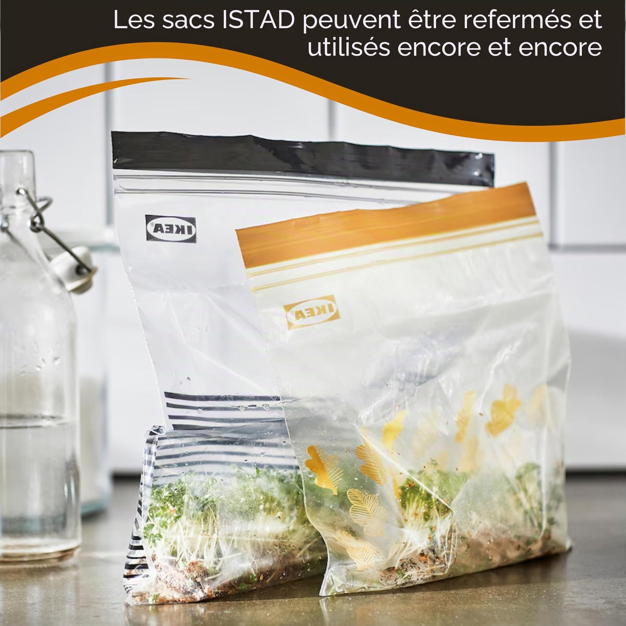 Ikea ISTAD Lot de 100 sacs alimentaires réutilisables de taille moyenne avec double joint, 1,2 et 2,5 litres, rayures noires, feuilles jaunes
