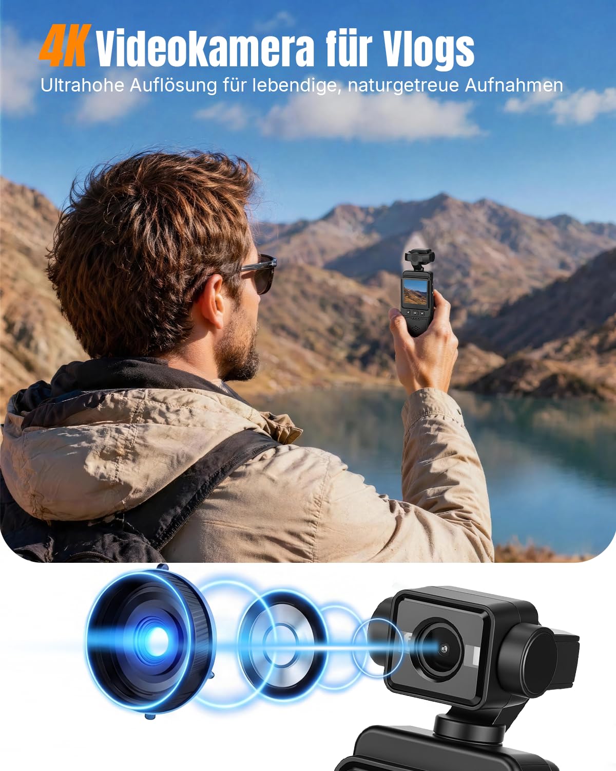 Körperkamera Bodycam Vlog Kamera, 4K Mini Sports Action Cam mit 270° Drehbarem Objektiv, Tragbare POV Camera Taschenkamera für Vlogging, Reisen, Sicherheit und Arbeit, Schwarz