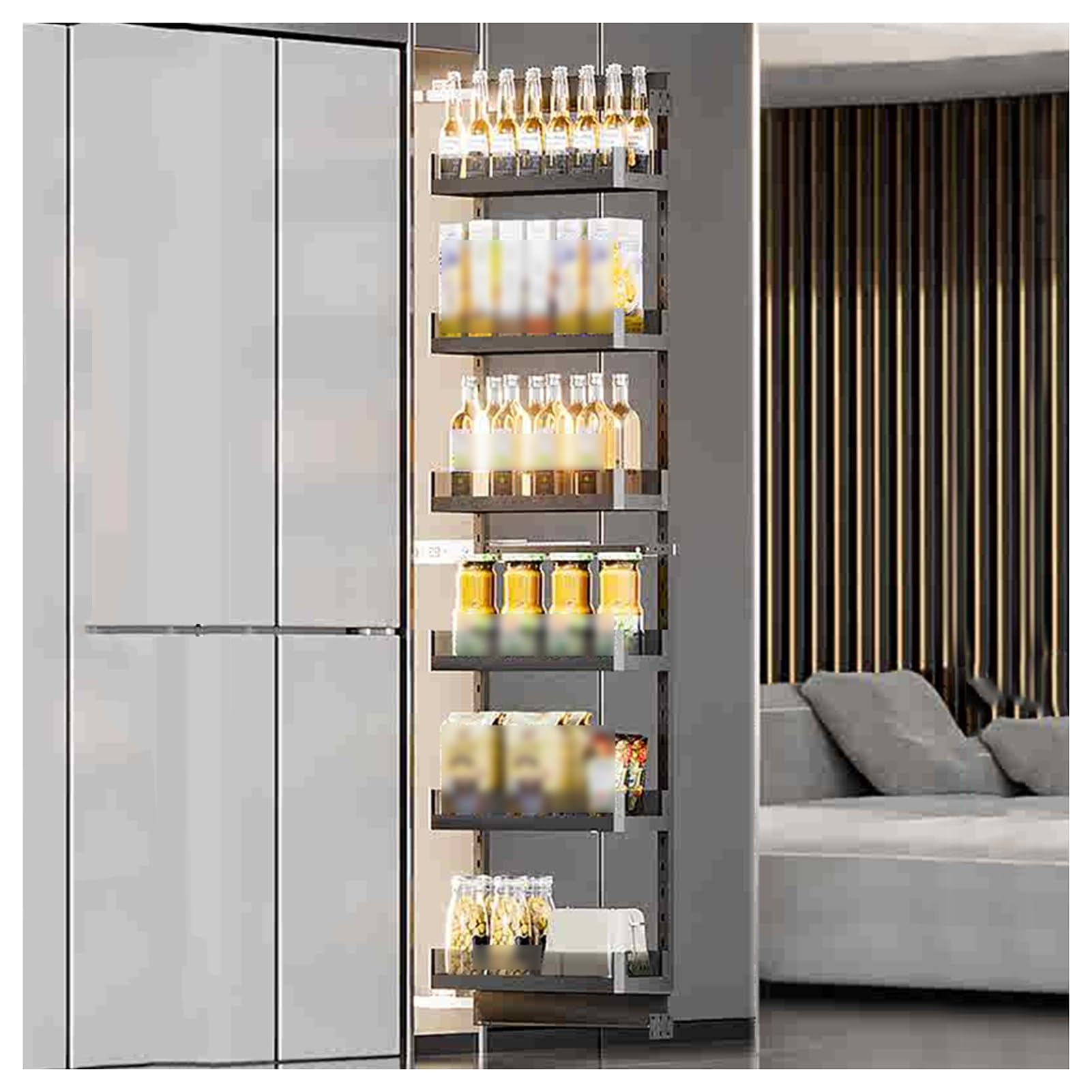 Cestello estraibile, con strisce separatrici, 7 ripiani, per cucina, bagno, dispensa, design stretto (114 x 330 x 6 livelli)