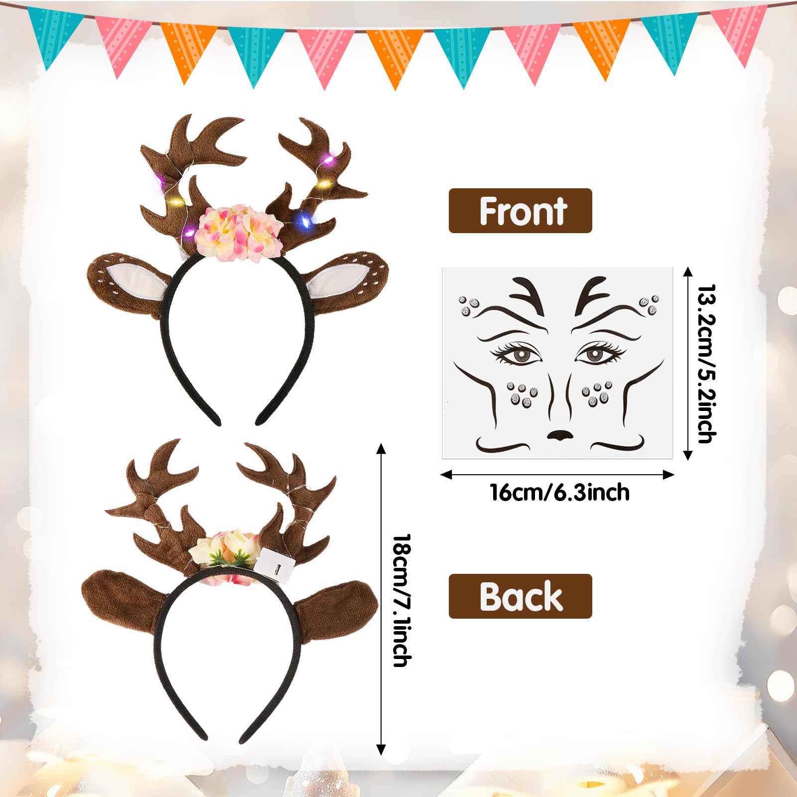 Makone Reindeer Headband, Antlers Horns Deer Ears, Deer Face Tattoo, Antler Headband, Women's Costume, Carnival, Christmas - Image 3