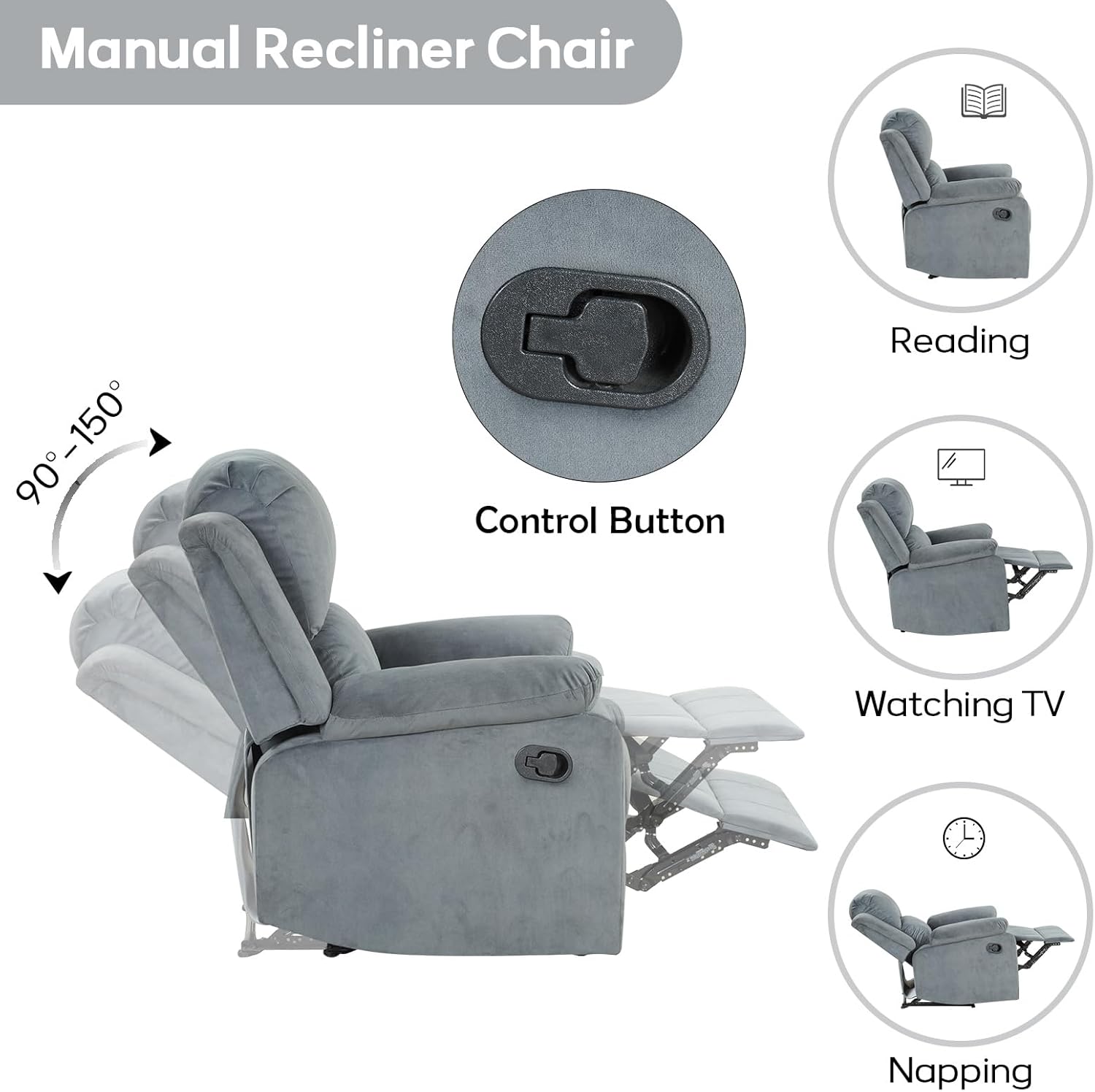 EBELLO Classic Manual Recliner Chair with Soft Padded Headrest and Armrest, Overstuffed Recliner Single Sofa Chair for Living Room, Bedroom, Grey