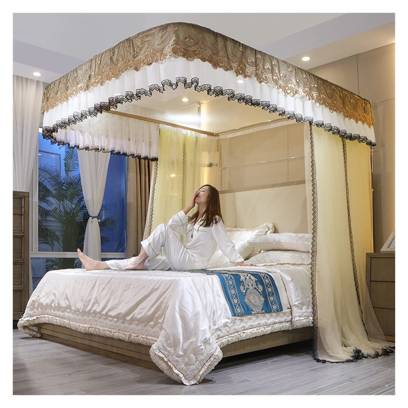 DXTFDHB 4 Corner Post Bed Canopy Curtain Bed Netting Full Size Elegant Bed Canopies Drapes(Yellow,180 * 200cm)