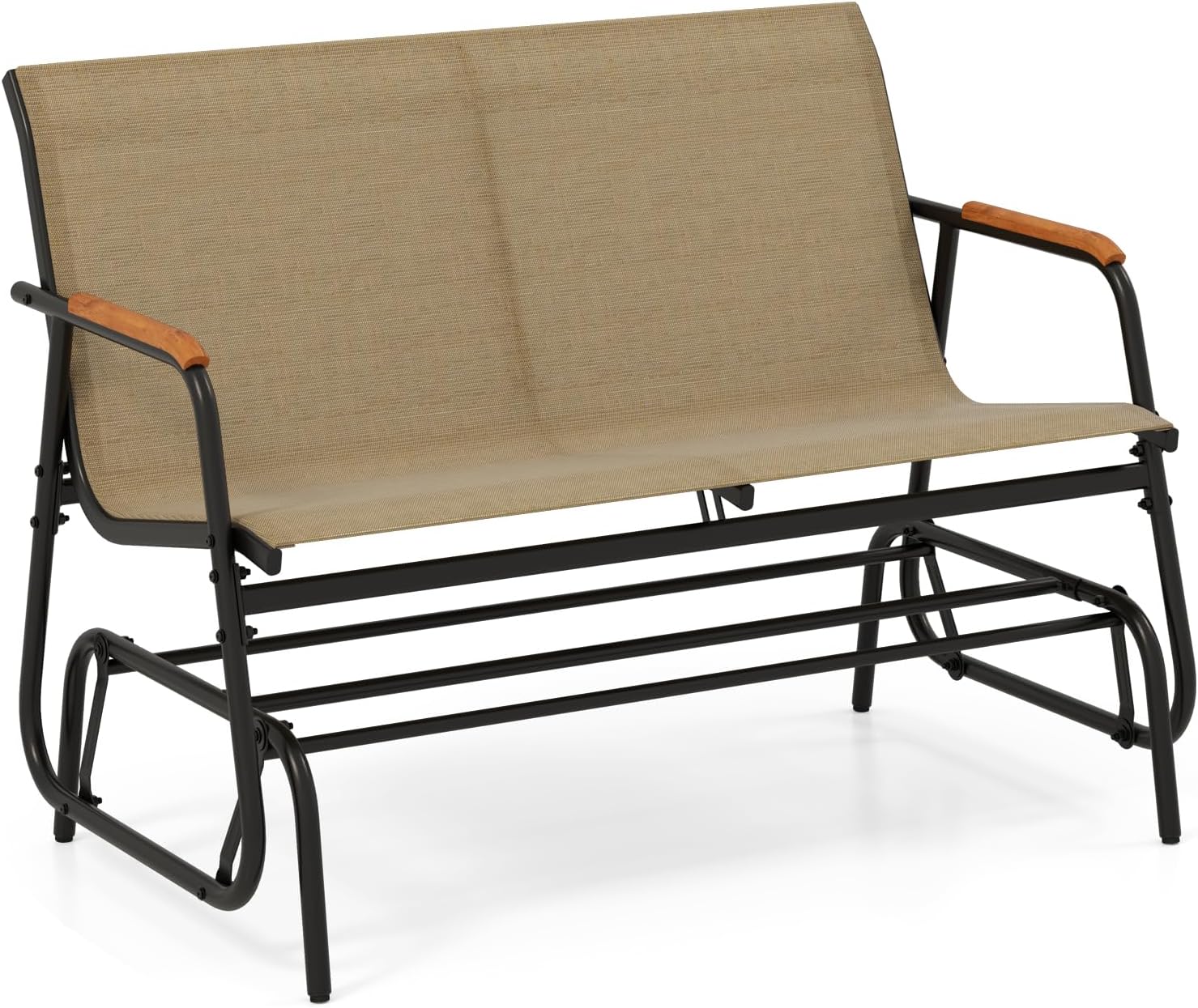 Giantex Patio Glider Bench, 2-Person Swing Gliding Loveseat with Curved Teak Armrests, Fabric Seat, Metal Frame, Load 660lbs, Outdoor Rocking Chair for Porch, Yard, Poolside (29”x45”x33”)