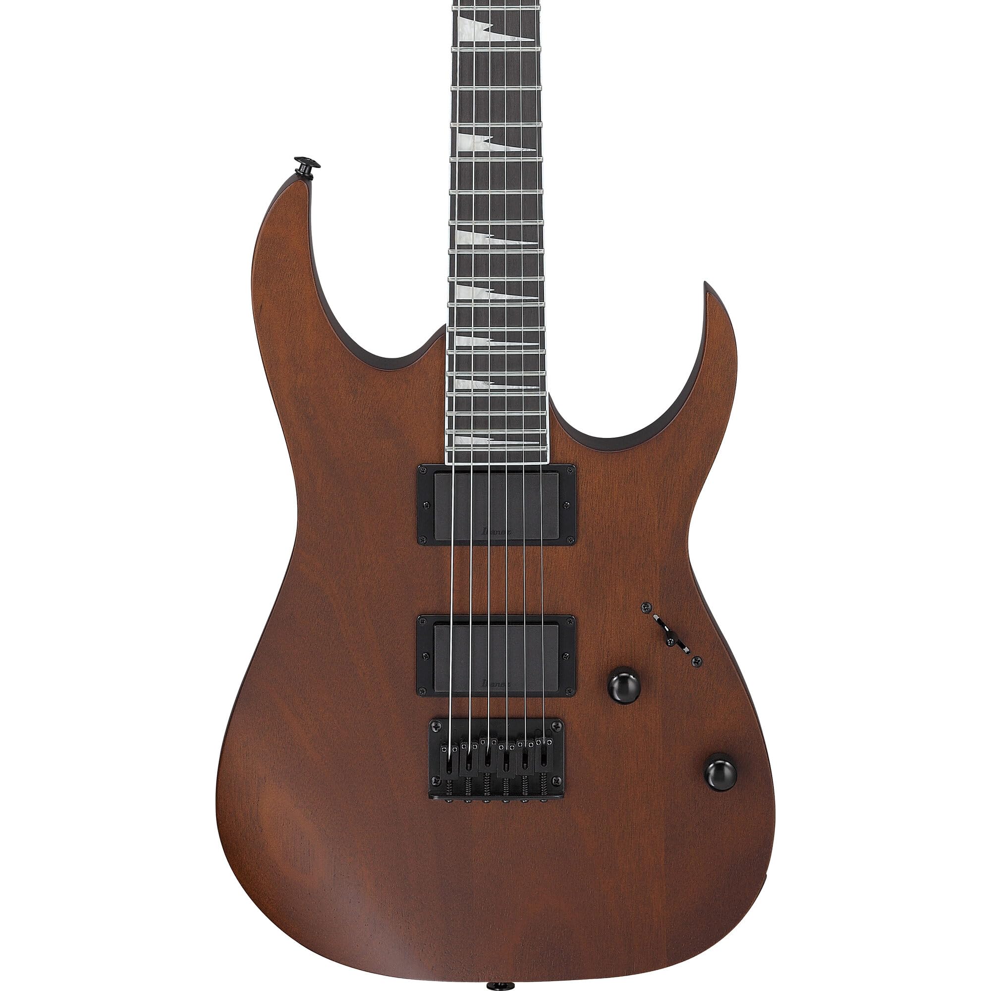 Ibanez GRG121DX-WNF, noyer plat | Corps Okoume, manche en érable GRG, touche Purpleheart, double humbuckers IBZ-6, pont fixe F106, 24 frettes