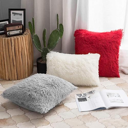 Miniatura 3 de ANRODUO Paquete de 2 fundas de almohada blancas de lujo, mullidas, de piel sintética, decorativas, de felpa, estilo merin mongol para cama, sofá,