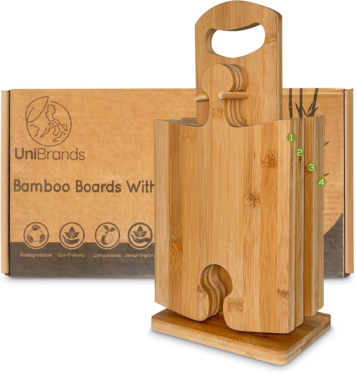 4pcs Bamboo Cutting Board Set with Stand | Natural Eco-Friendly Cutting Boards for Kitchen, Charcuterie Boards, Wooden Chopping Boards, Serving Tray, Wood Cutting Boards | Cocina
