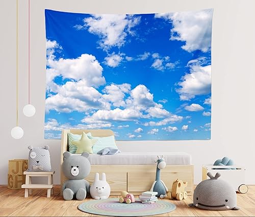 Miniatura 2 de BELECO Tapiz de cielo azul para colgar en la pared, 118 x 96 pulgadas, tapiz de nubes blancas, telón de fondo, decoración de pared de cielo azul,