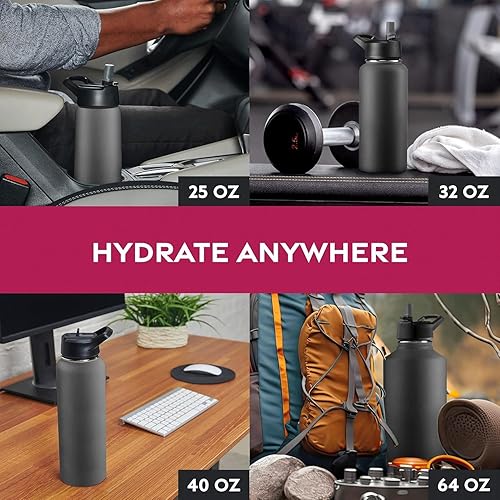 Miniatura 8 de Botellas de agua de acero inoxidable con triple aislamiento con pajilla, botellas de agua reutilizables aisladas de 25 onzas con 3 tapas, botella de