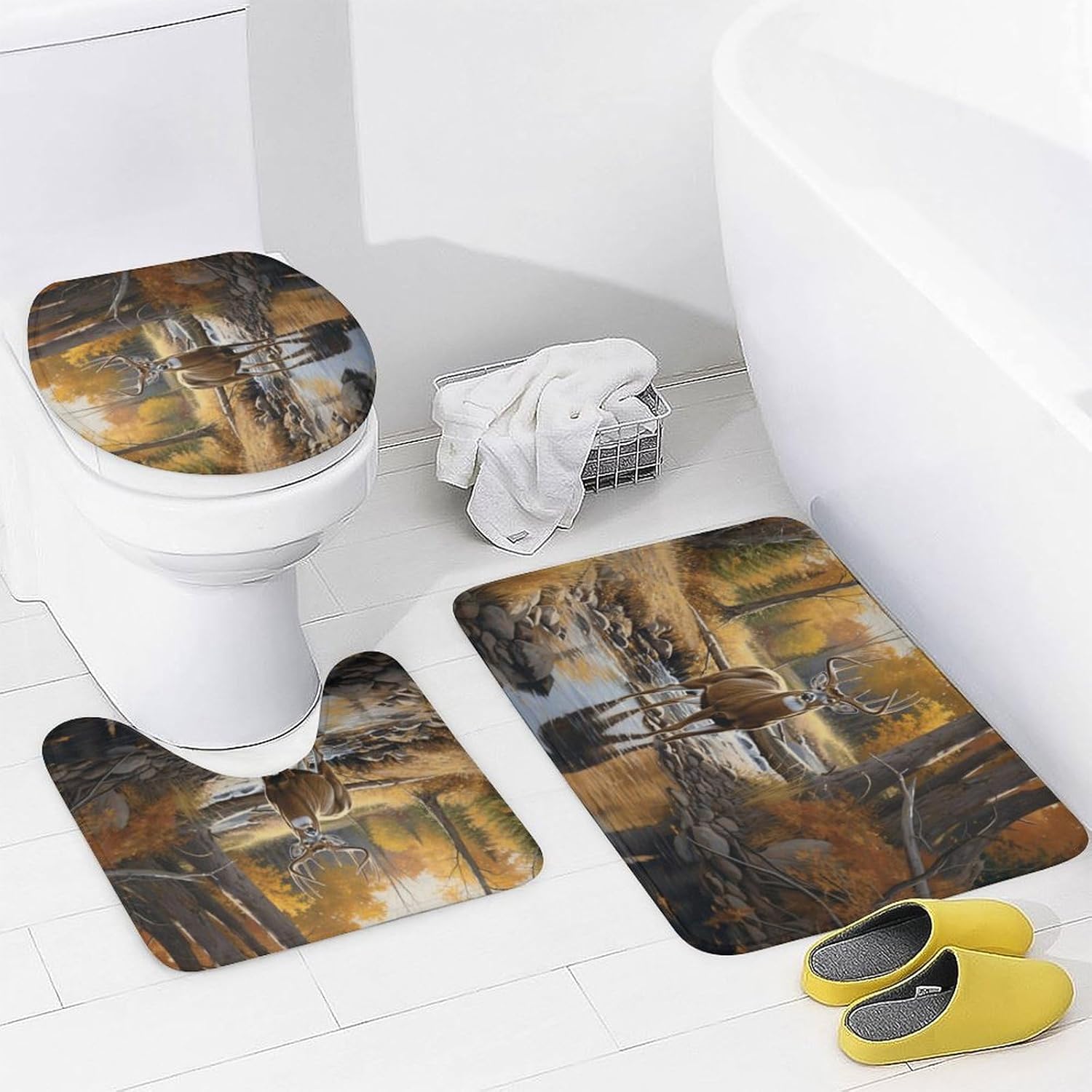 Country Rustic Deer Shower Curtain Sets with Rug, Toilet Lid Cover and Bath Mat, Wild Animals Vintage Shower Curtains with 12 Hooks Waterproof 4 Piece Bathroom Decor Set