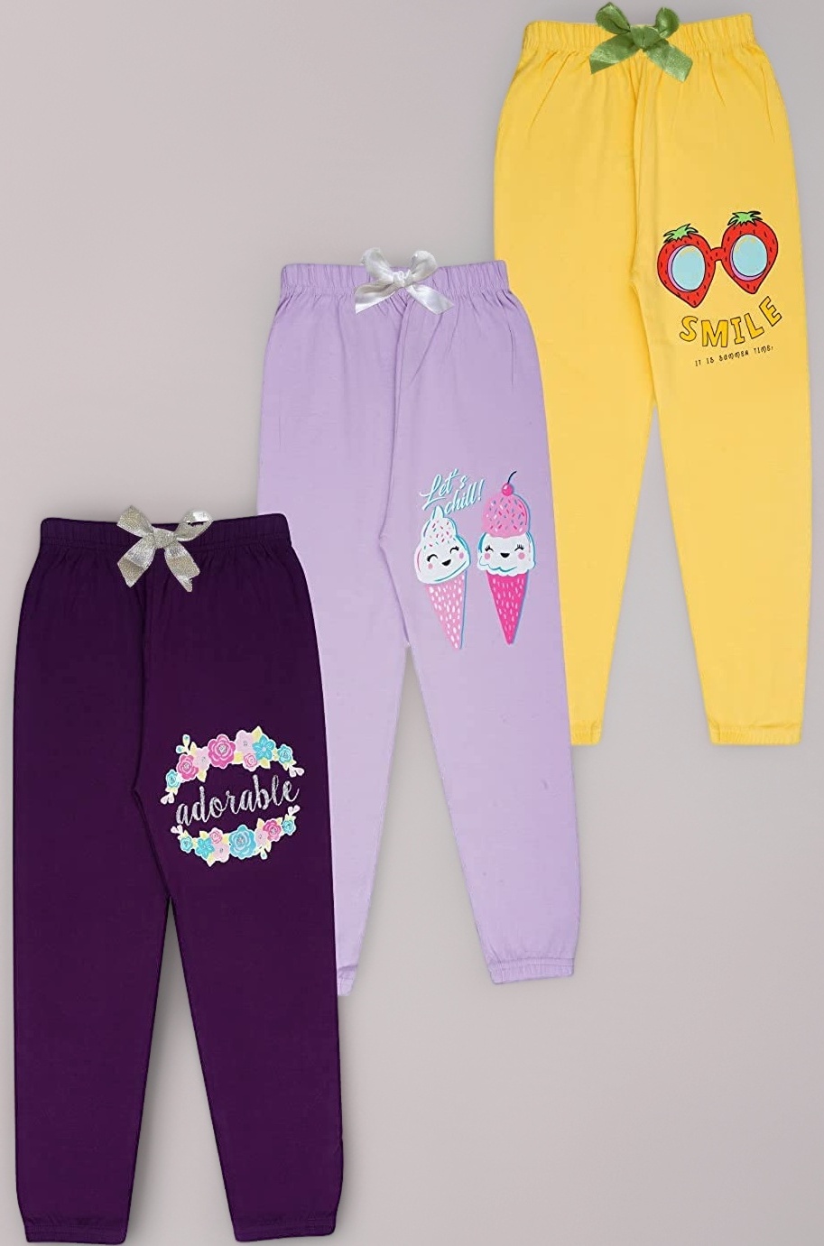 Girls Cotton Printed Track Pants - Multicolor (Pack o 3)