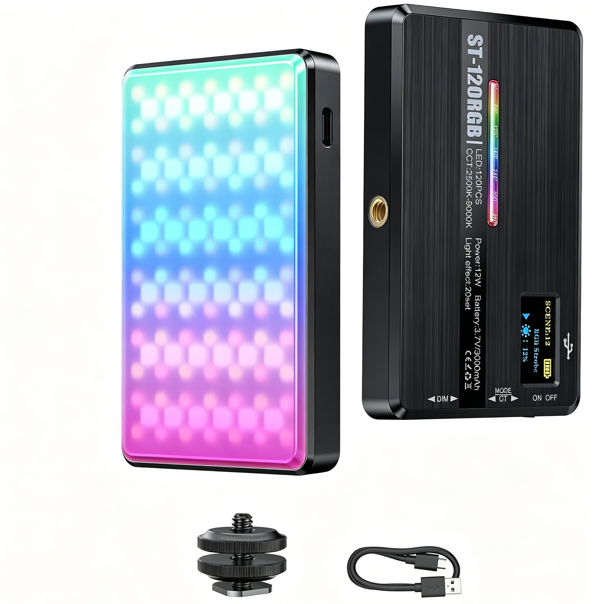 Luce per Video LED RGB, Luce Fotocamera Dimmerabile 2500-9000K CRI 95+ 120 LED con Treppiede e Clip, 3000mAh Batteria Lampada per Foto per Telefono/iPad/Laptop/Fotocamera
