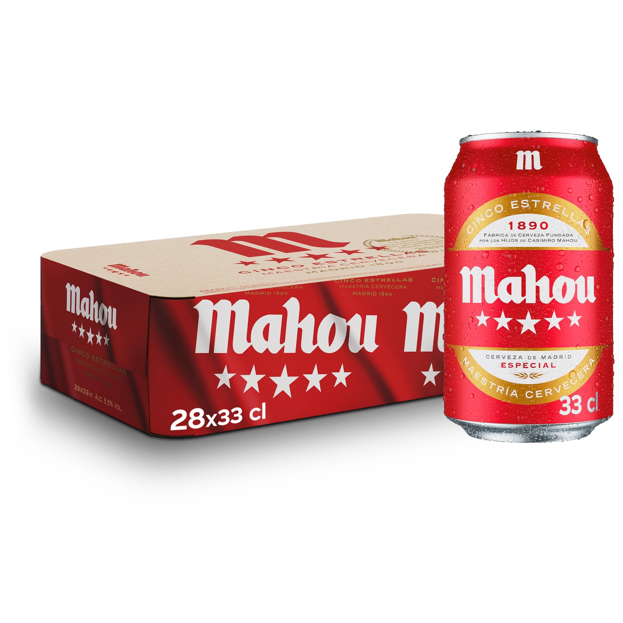 Mahou 5 Estrellas, Pack de 28 Latas x 33 cl, Cerveza Especial Dorada Lager Con Sabor 5 Estrellas, 5.5% Volumen de Alcohol
