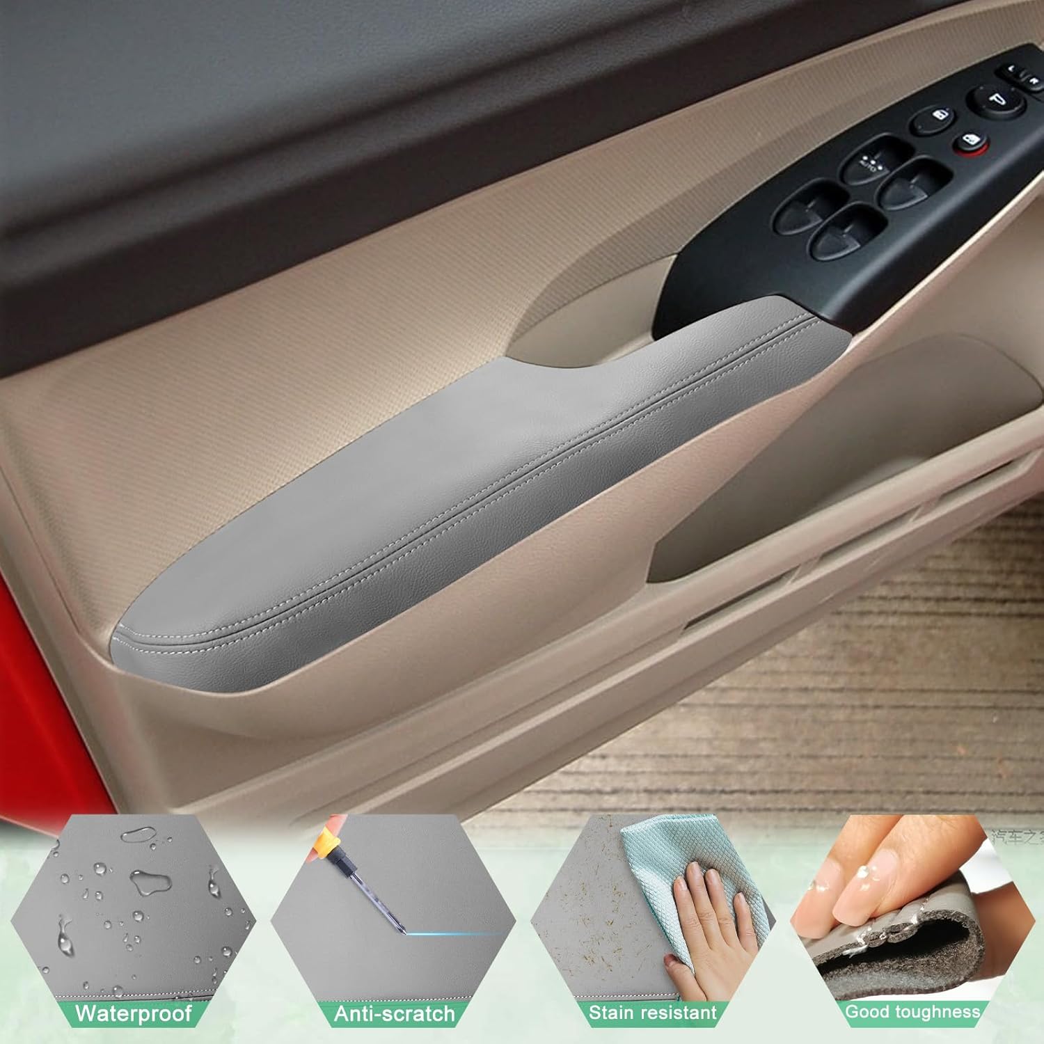 4PCS Car Door Panel Armrest Cover Replacement Compatible with Honda Civic 2006-2011 Front and Back Leather Arm Rest Replaced Skin Upholstery Gray (Only Leather Part)