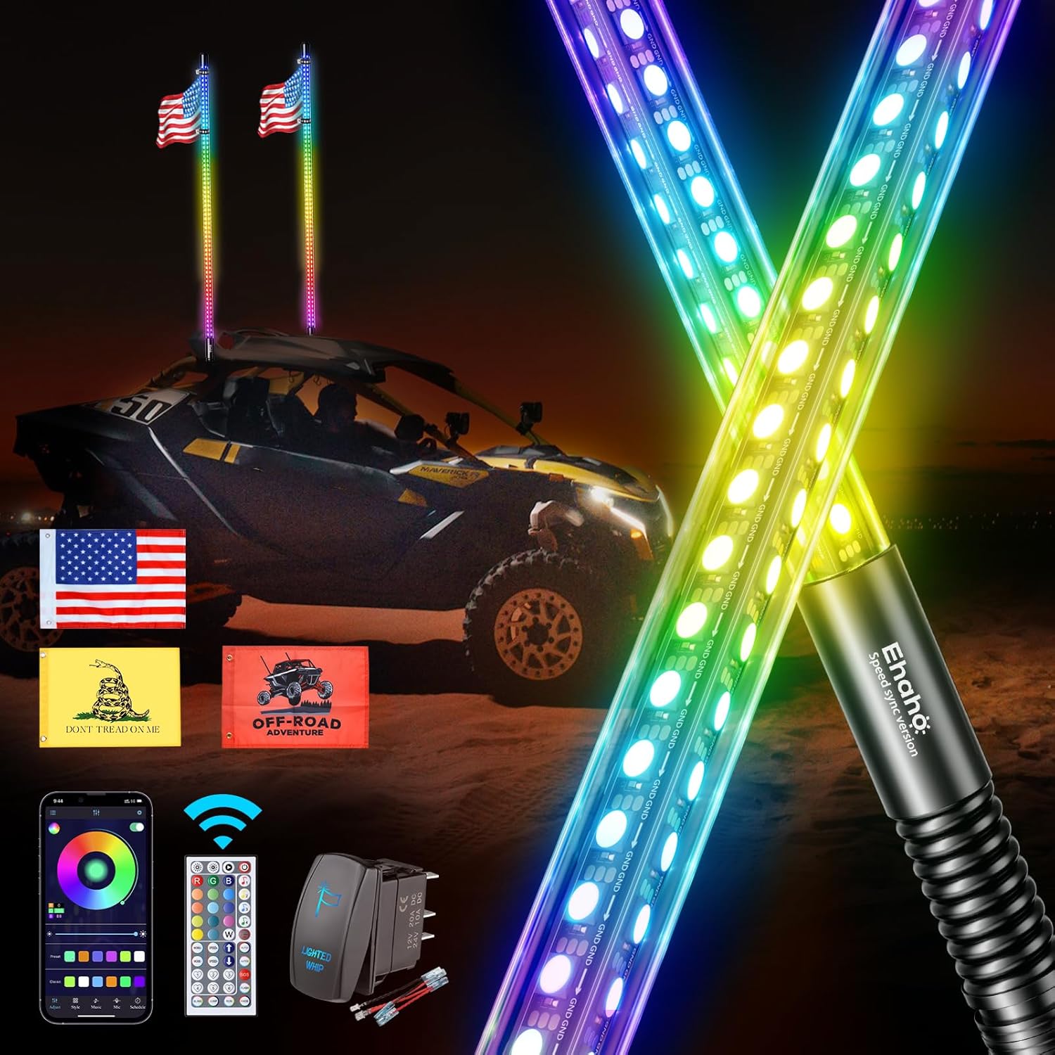 Ehaho 1 Pack 4FT Whip Lights with Speed Sensing, LED Whip Light with Spring Base, Tri-Sided RGB Illuminated Whip Light with Rocker Switch, App & Remote Control for UTV ATV Polaris RZR SXS Can-Am Truck