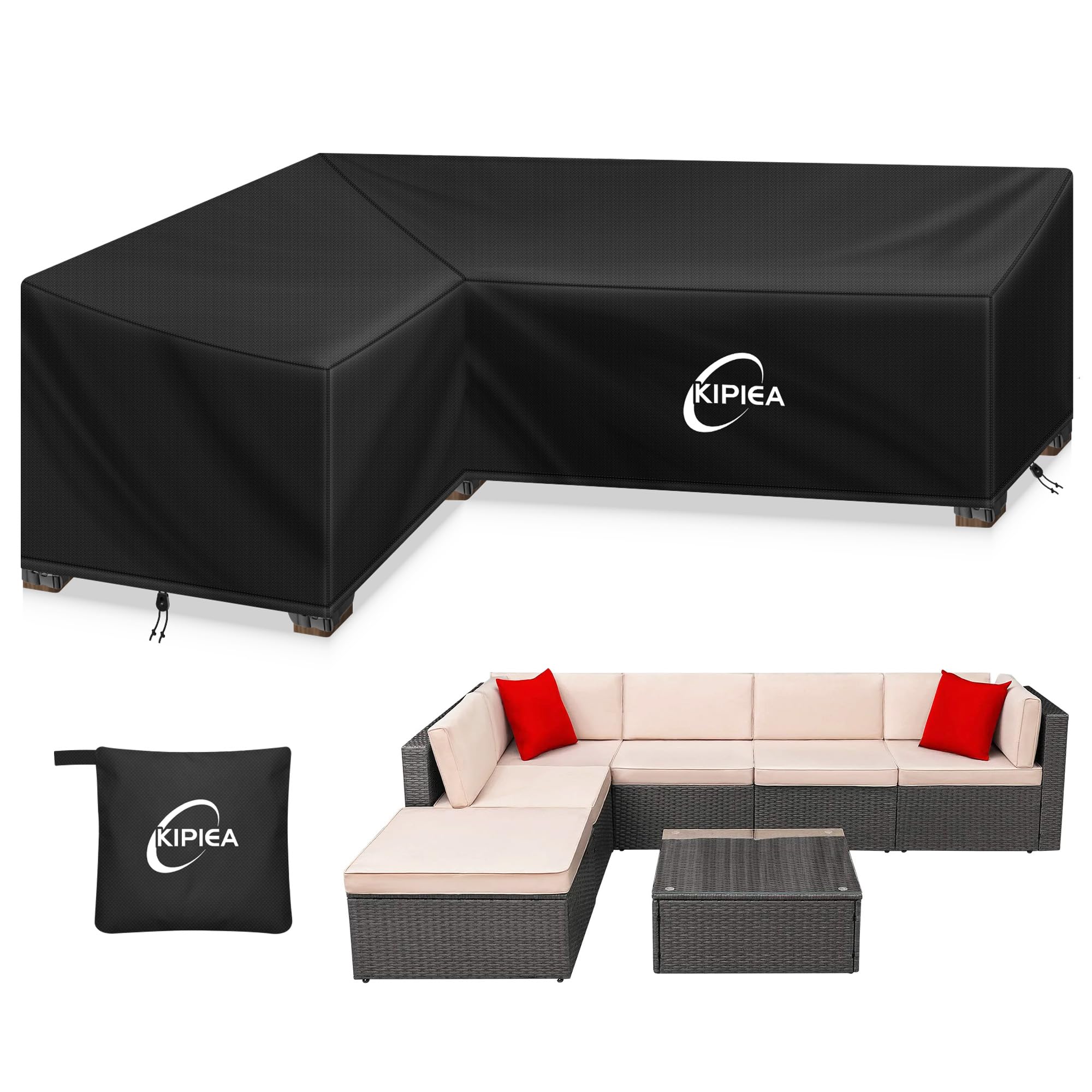 Kipiea Coperture per mobili da giardino a forma di L Impermeabili, Copertura per divano angolare da esterno 420D Tessuto Oxford Antivento, Anti-UV, Resistenti agli Strappi - ( 214x264x85x78/61cm)